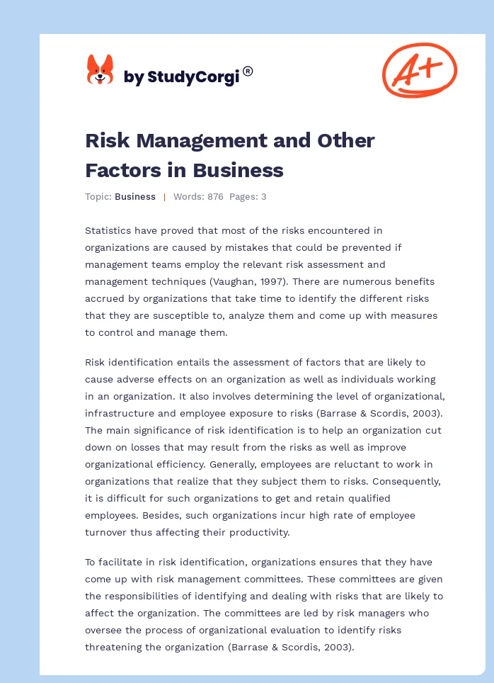 Risk Management and Other Factors in Business. Page 1
