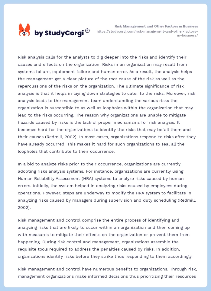 Risk Management and Other Factors in Business. Page 2