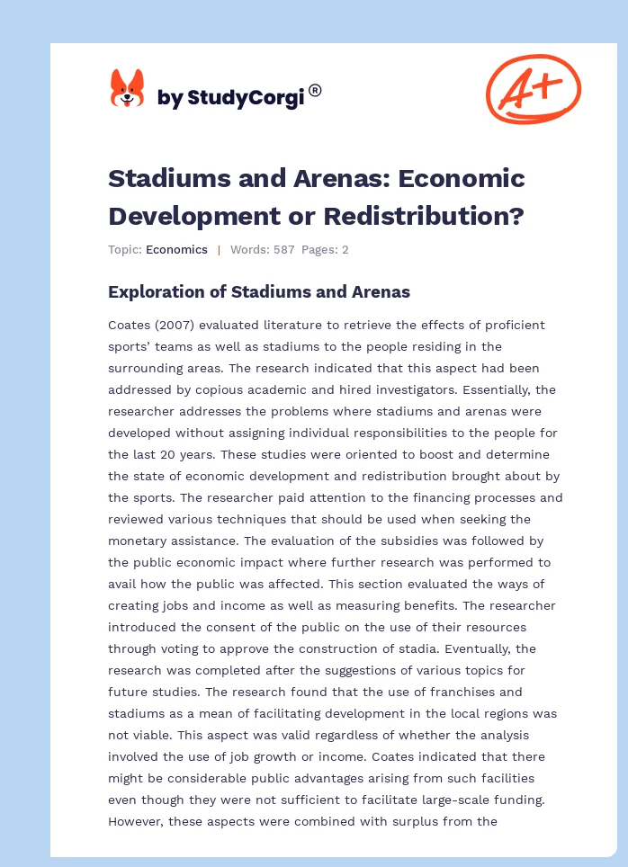 Stadiums and Arenas: Economic Development or Redistribution?. Page 1
