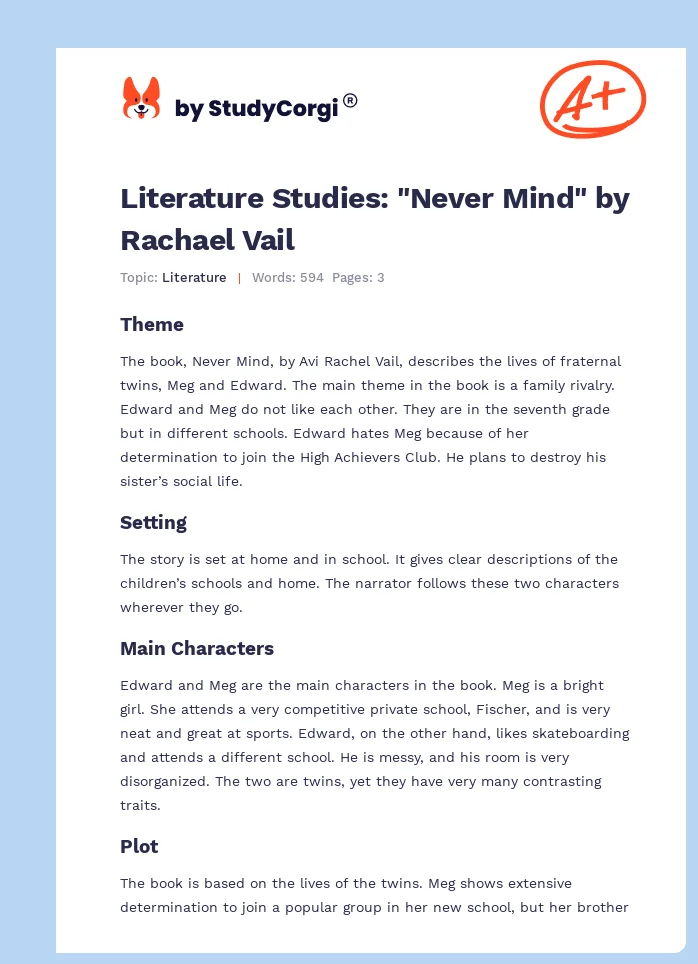 Literature Studies: "Never Mind" by Rachael Vail. Page 1