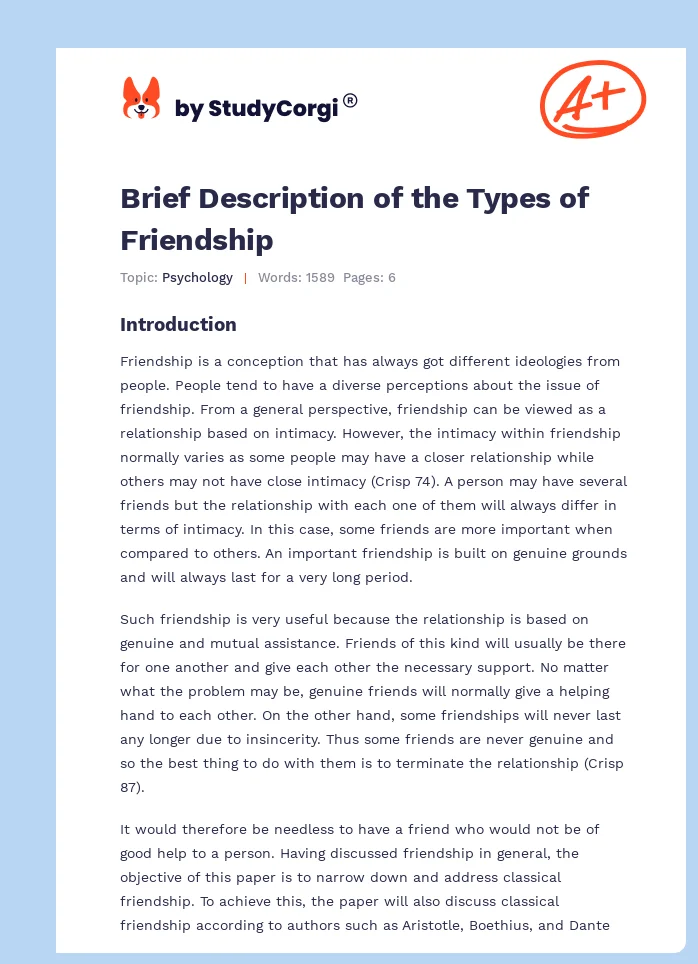 Brief Description of the Types of Friendship. Page 1