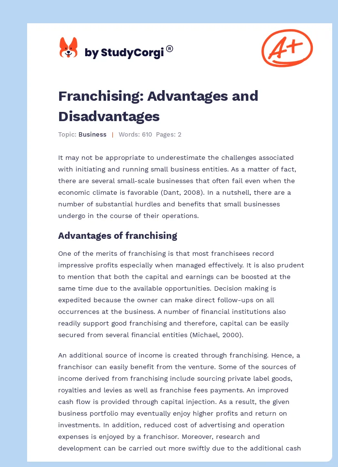 Franchising: Advantages and Disadvantages. Page 1