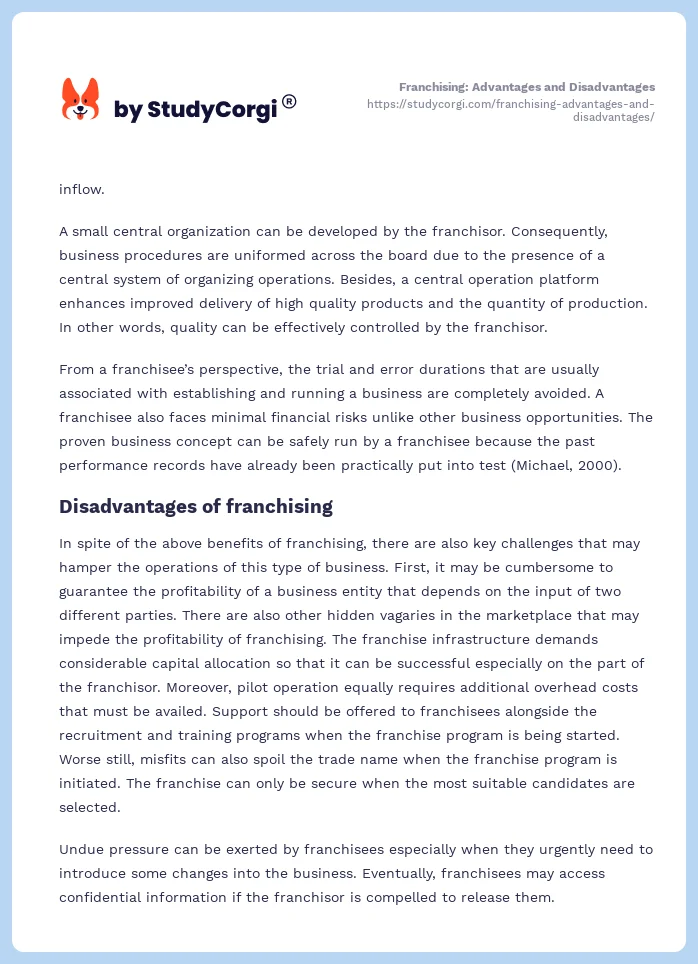 Franchising: Advantages and Disadvantages. Page 2