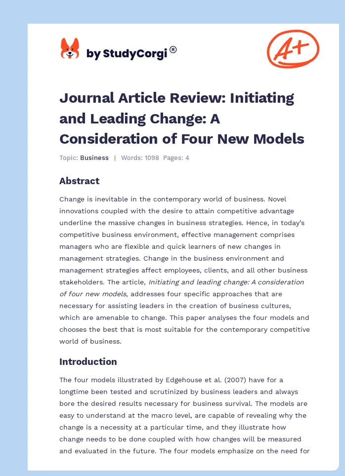 Journal Article Review: Initiating and Leading Change: A Consideration of Four New Models. Page 1