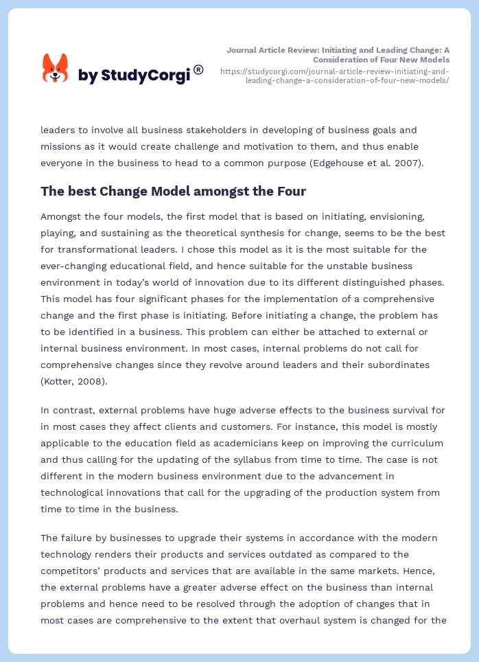 Journal Article Review: Initiating and Leading Change: A Consideration of Four New Models. Page 2