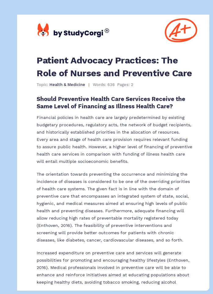 Patient Advocacy Practices: The Role of Nurses and Preventive Care. Page 1
