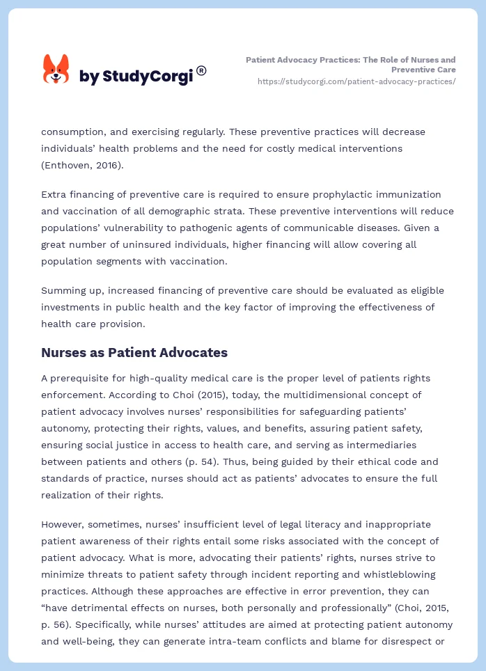 Patient Advocacy Practices: The Role of Nurses and Preventive Care. Page 2