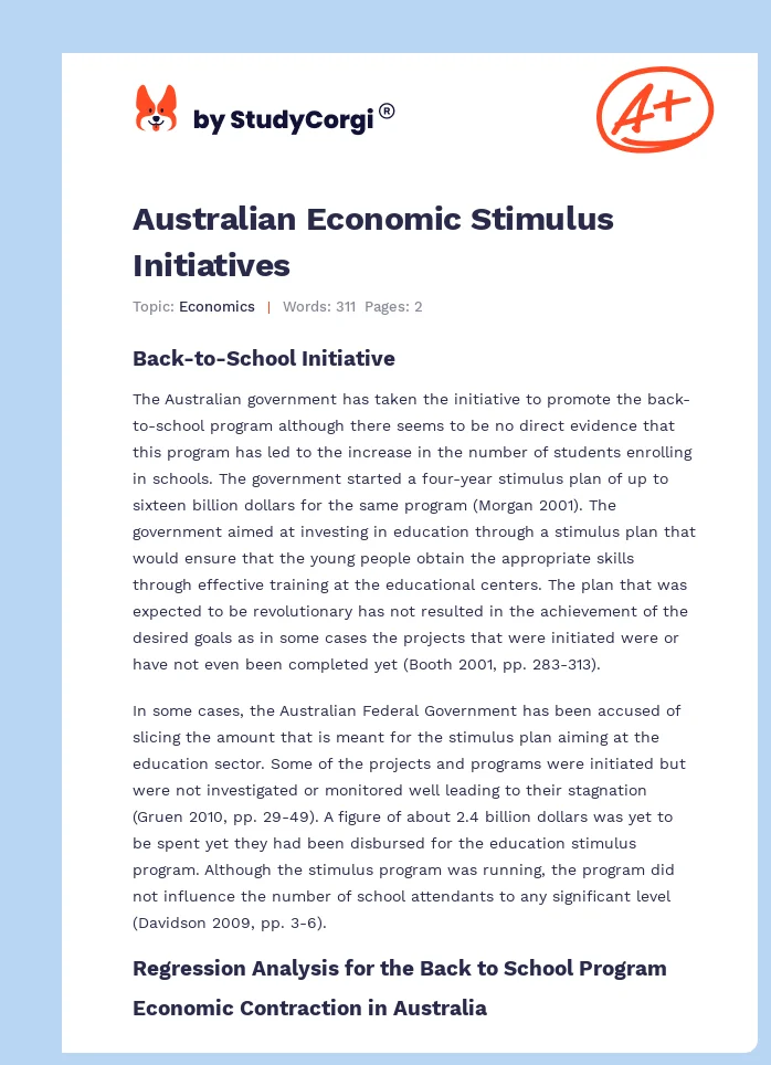 Australian Economic Stimulus Initiatives. Page 1
