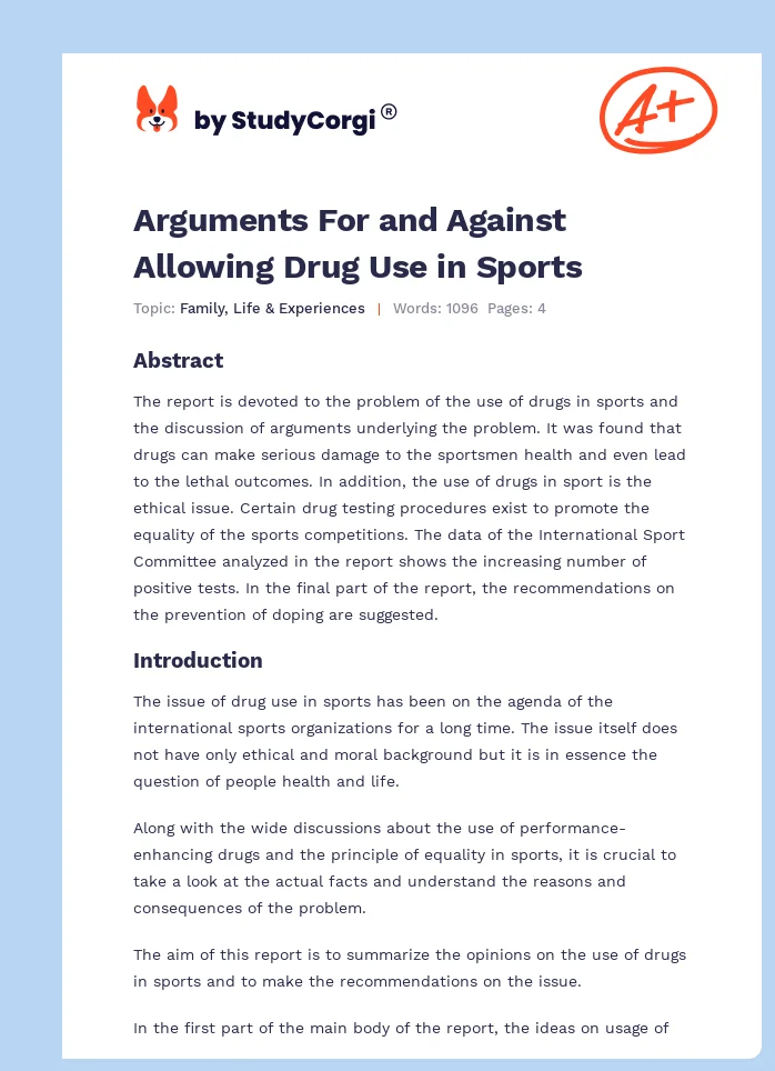Arguments For and Against Allowing Drug Use in Sports. Page 1