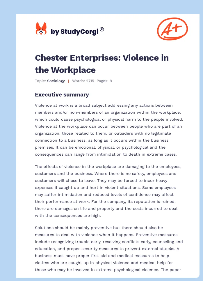 Chester Enterprises: Violence in the Workplace. Page 1