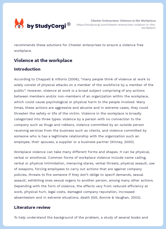Chester Enterprises: Violence in the Workplace. Page 2