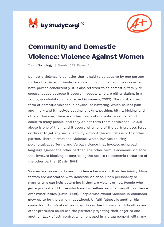 Community and Domestic Violence: Violence Against Women. Page 1