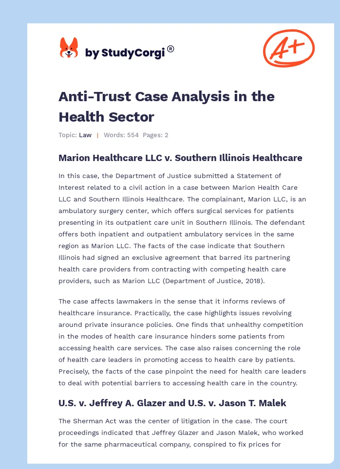 Anti-Trust Case Analysis in the Health Sector. Page 1