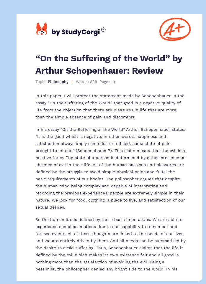 “On the Suffering of the World” by Arthur Schopenhauer: Review. Page 1