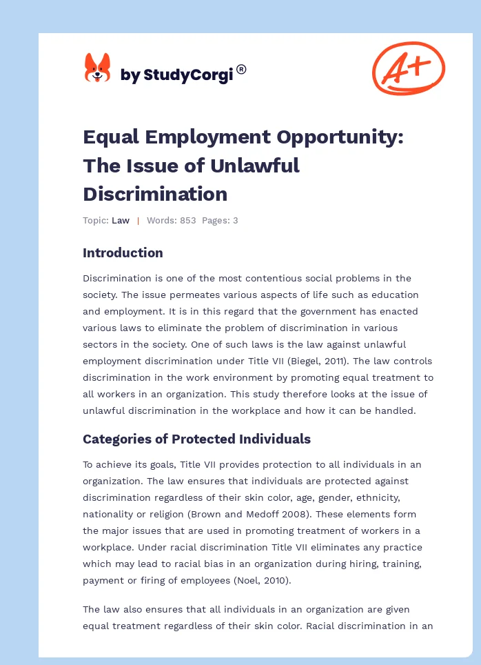 Equal Employment Opportunity: The Issue of Unlawful Discrimination. Page 1