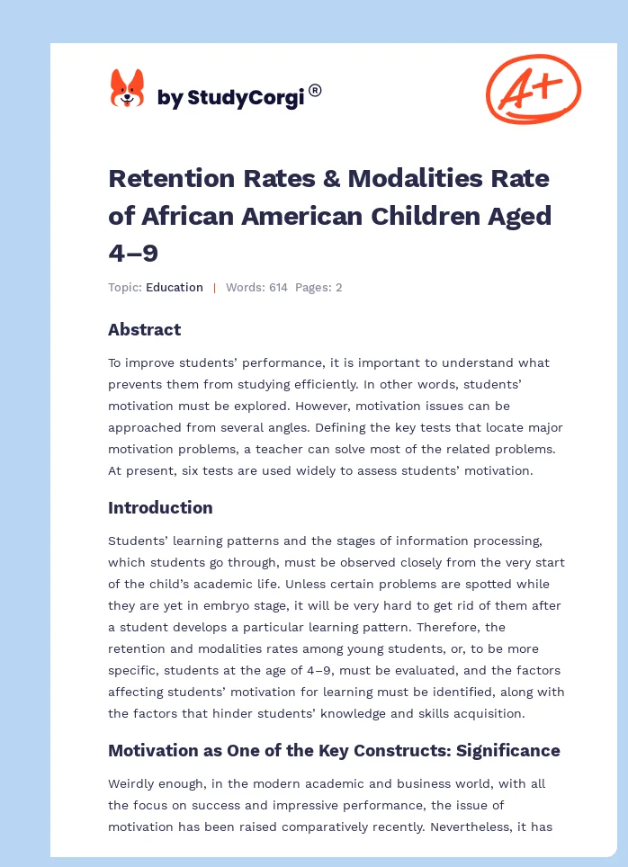 Retention Rates & Modalities Rate of African American Children Aged 4–9. Page 1