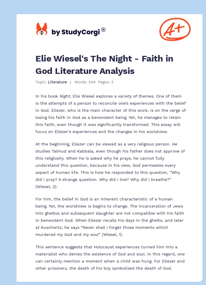 Elie Wiesel's The Night - Faith in God Literature Analysis. Page 1