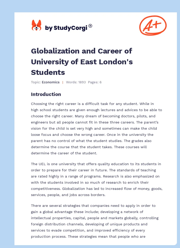 Globalization and Career of University of East London's Students. Page 1