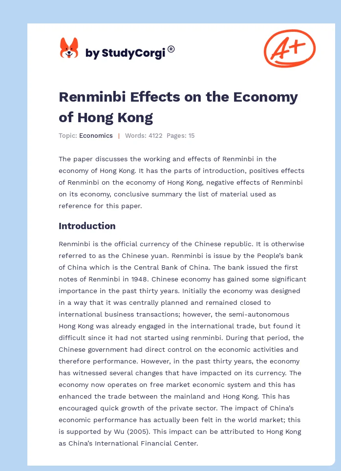 Renminbi Effects on the Economy of Hong Kong. Page 1