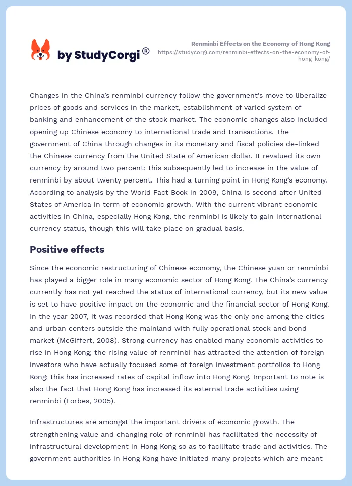 Renminbi Effects on the Economy of Hong Kong. Page 2