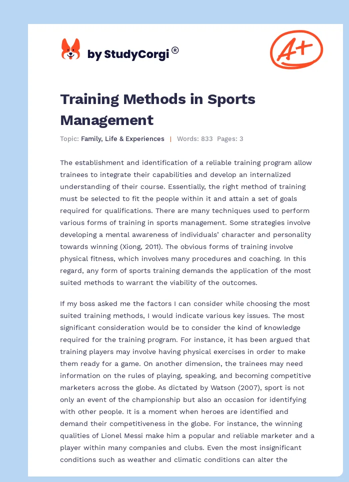 Training Methods in Sports Management. Page 1