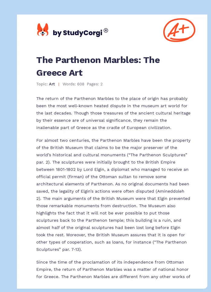 The Parthenon Marbles: The Greece Art. Page 1
