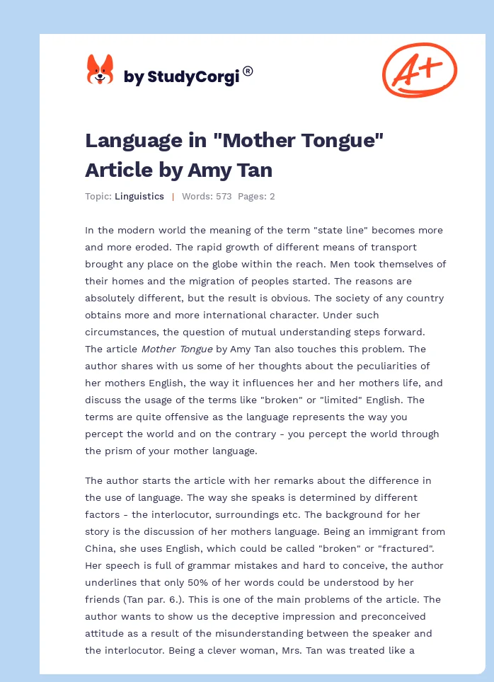 Language in "Mother Tongue" Article by Amy Tan. Page 1