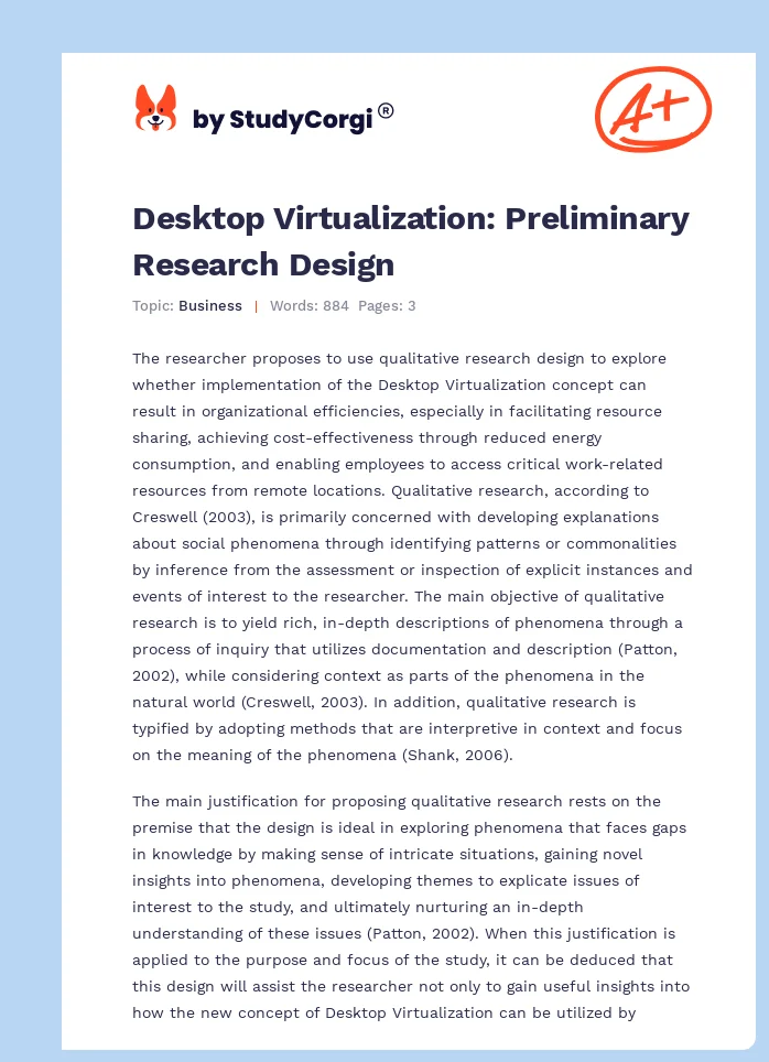 Desktop Virtualization: Preliminary Research Design. Page 1