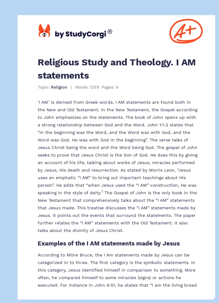 Religious Study and Theology. I AM statements. Page 1