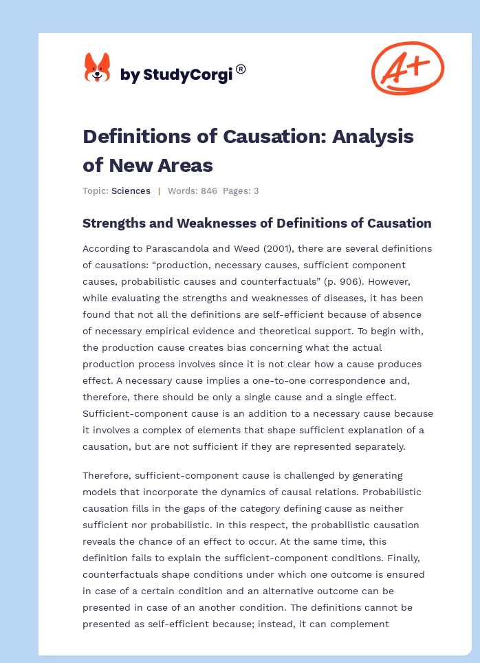 Definitions of Causation: Analysis of New Areas. Page 1