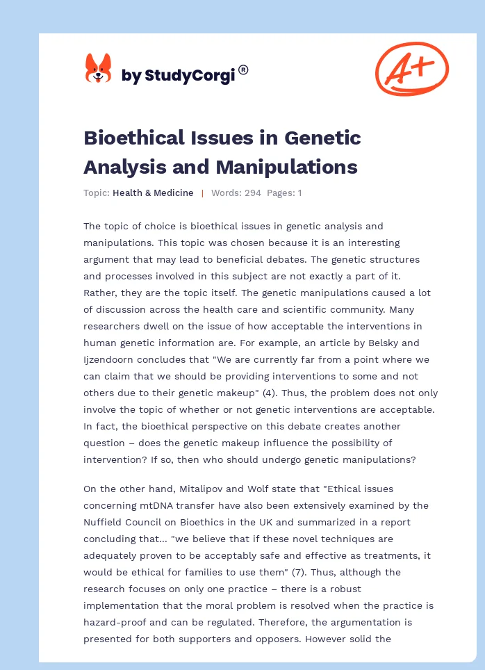 Bioethical Issues in Genetic Analysis and Manipulations. Page 1
