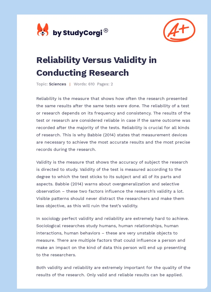 Reliability Versus Validity in Conducting Research. Page 1