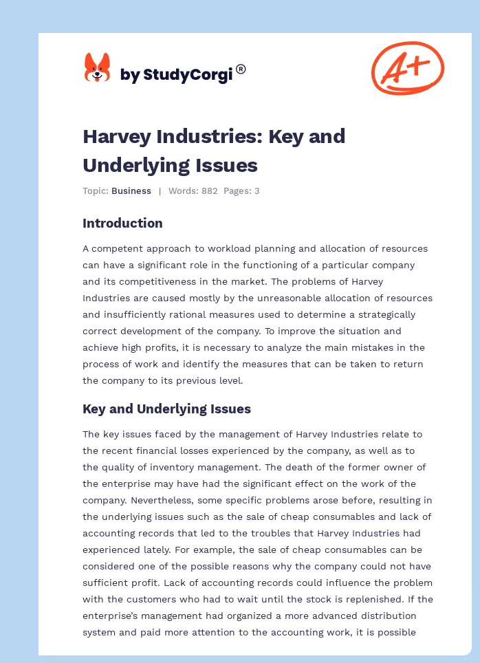 Harvey Industries: Key and Underlying Issues. Page 1