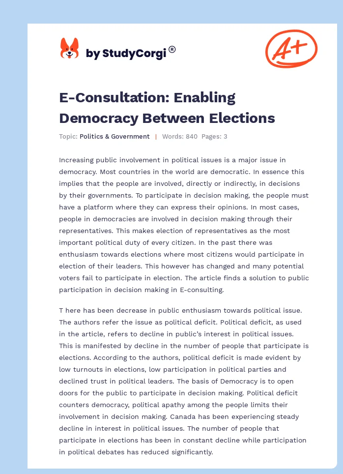 E-Consultation: Enabling Democracy Between Elections. Page 1