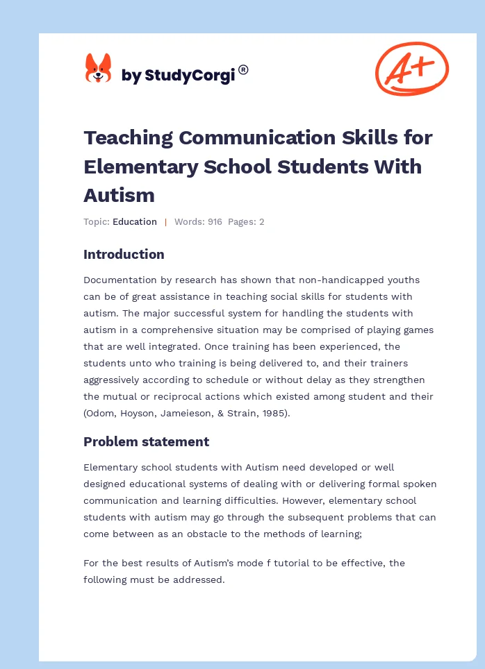 Teaching Communication Skills for Elementary School Students With Autism. Page 1