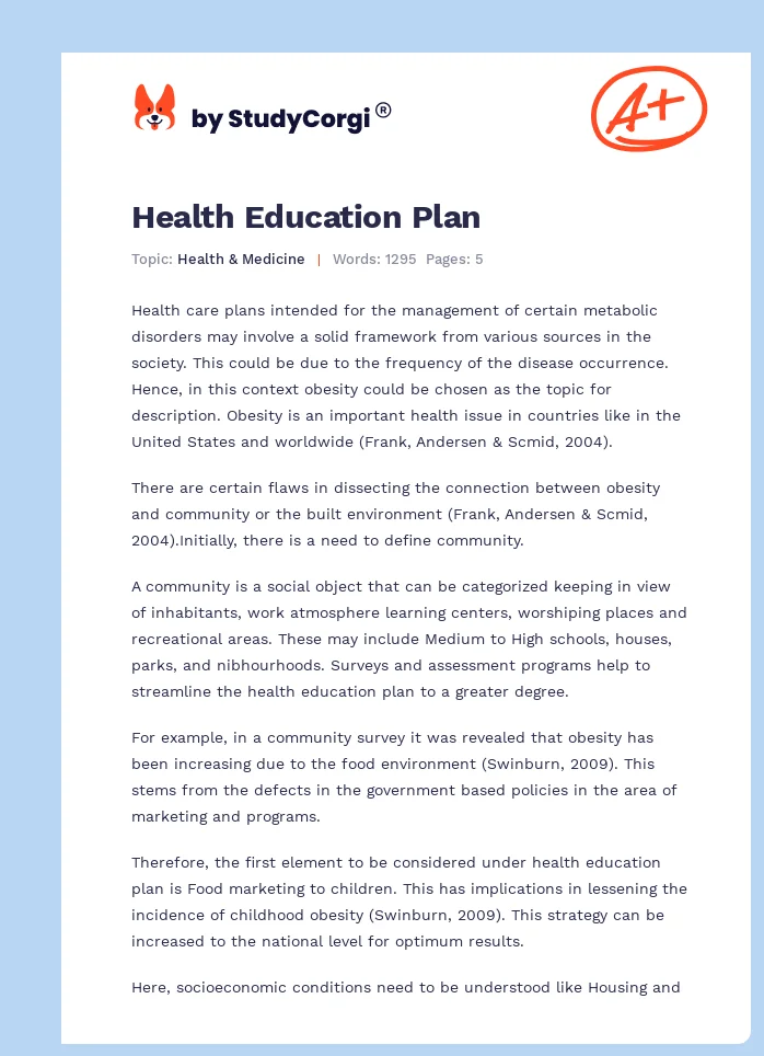 Health Education Plan. Page 1