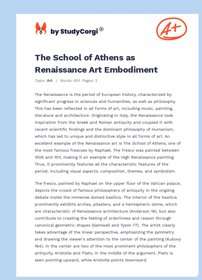 The School of Athens as Renaissance Art Embodiment. Page 1