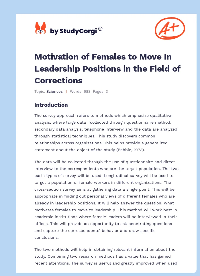 Motivation of Females to Move In Leadership Positions in the Field of Corrections. Page 1