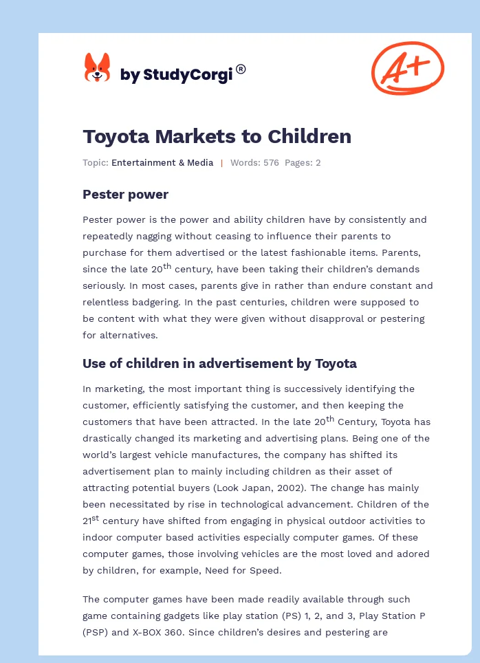 Toyota Markets to Children. Page 1