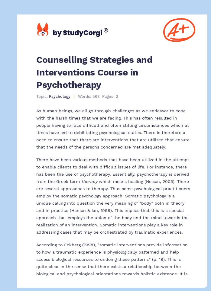 Counselling Strategies and Interventions Course in Psychotherapy. Page 1