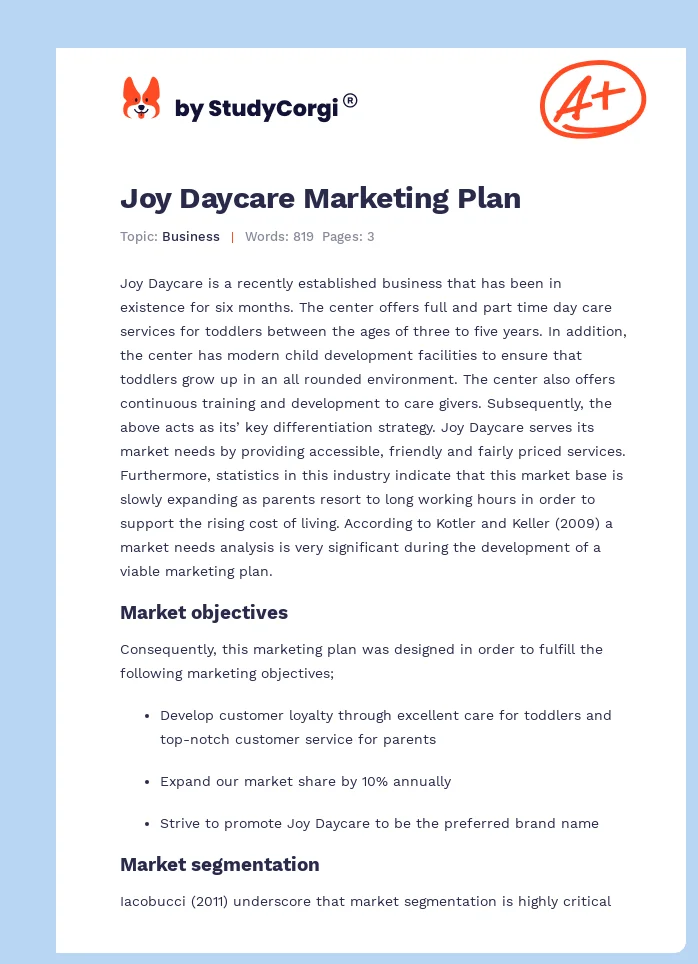 Joy Daycare Marketing Plan. Page 1