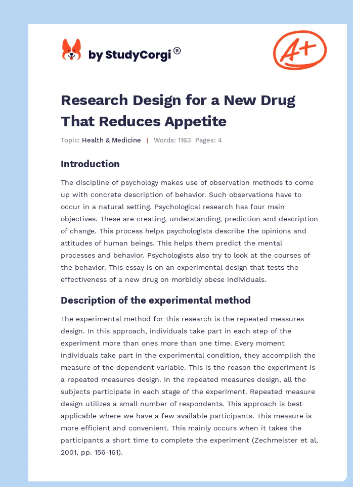 Research Design for a New Drug That Reduces Appetite. Page 1