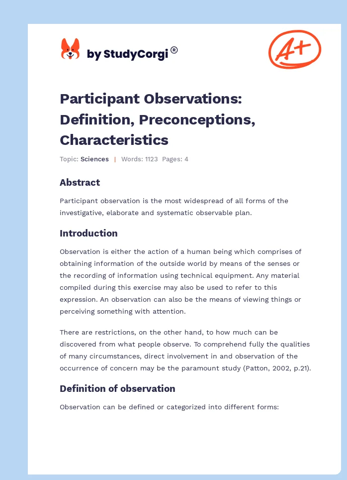Participant Observations: Definition, Preconceptions, Characteristics. Page 1