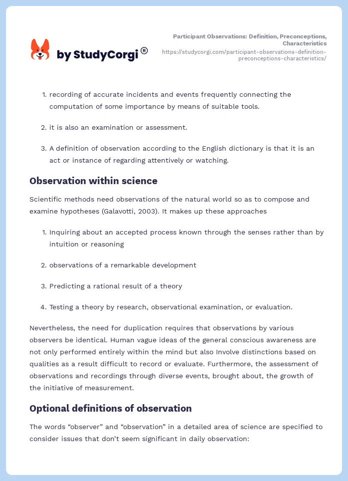Participant Observations: Definition, Preconceptions, Characteristics. Page 2