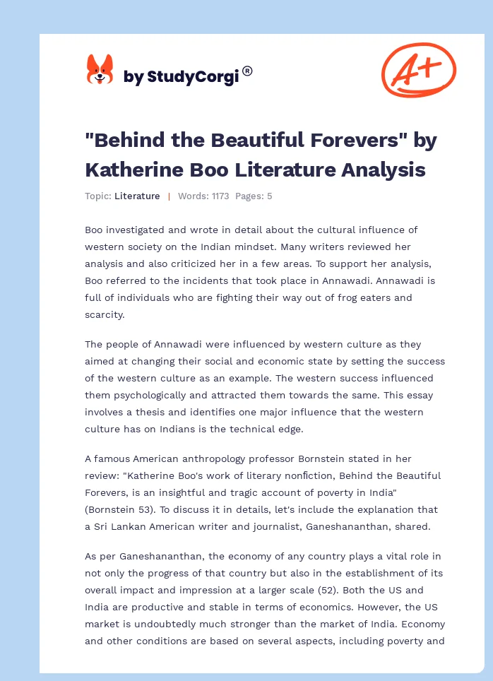 "Behind the Beautiful Forevers" by Katherine Boo Literature Analysis. Page 1