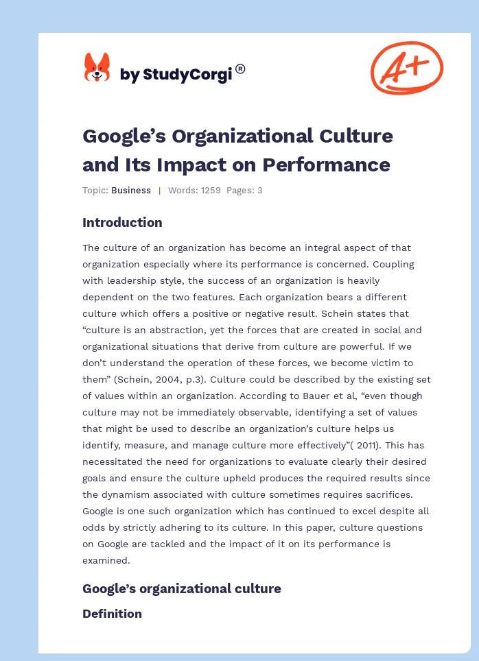 Google’s Organizational Culture and Its Impact on Performance. Page 1