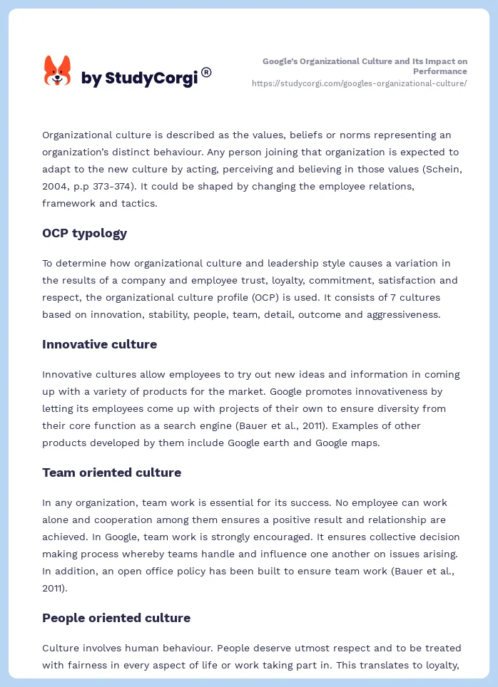 Google’s Organizational Culture and Its Impact on Performance. Page 2