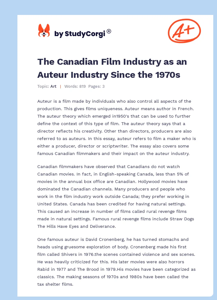 The Canadian Film Industry as an Auteur Industry Since the 1970s. Page 1