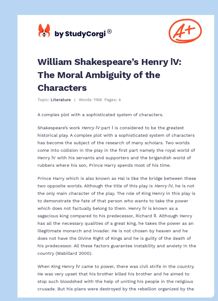 William Shakespeare’s Henry ΙV: The Moral Ambiguity of the Characters. Page 1