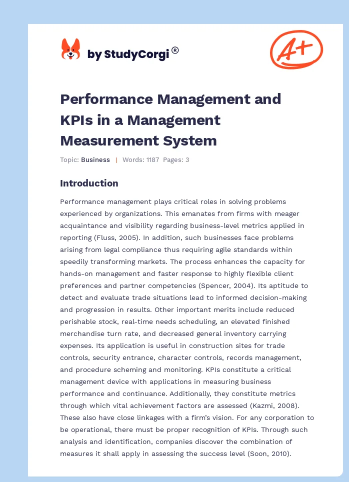 Performance Management and KPIs in a Management Measurement System. Page 1